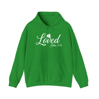 Loved John 3:16 Hoodie – Christian Inspirational St. Patrick’s Clover Sweatshirt