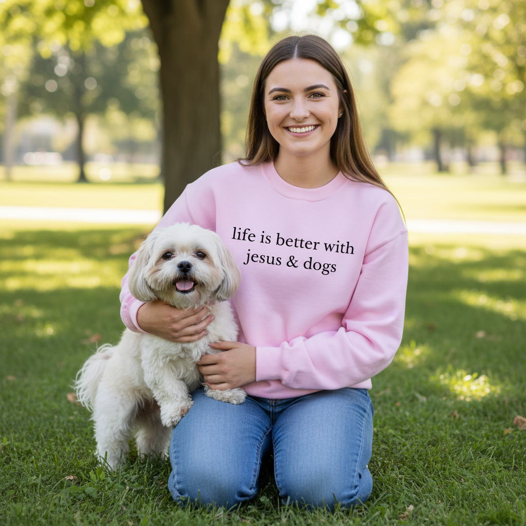 LIFE IS BETTER WITH JESUS AND DOGS - MEDIUM - HEAVY WEIGHT SWEATSHIRT