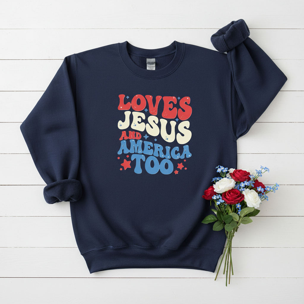 LOVES JESUS AND AMERICA TOO  MEDIUIM-HEAVY WEIGHT SWEATSHIRT