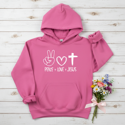 PEACE LOVE JESUS - YOUTH MEDIUM-HEAVY WEIGHT HOODIE