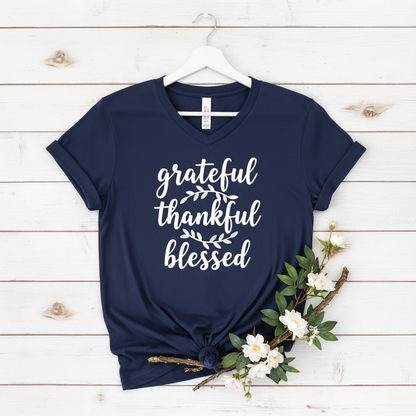 GRATEFUL THANKFUL BLESSED - PREMIUM V-NECK T-SHIRT