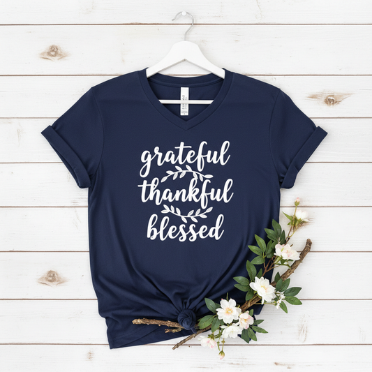 GRATEFUL THANKFUL BLESSED - PREMIUM V-NECK T-SHIRT