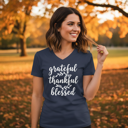 GRATEFUL THANKFUL BLESSED - PREMIUM V-NECK T-SHIRT