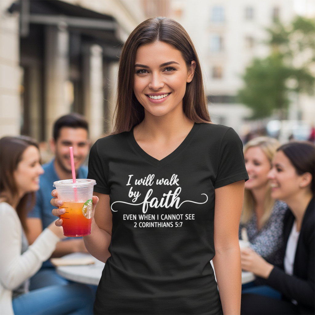 I WILL WALK BY FAITH - V-NECK PREMIUM T-SHIRT