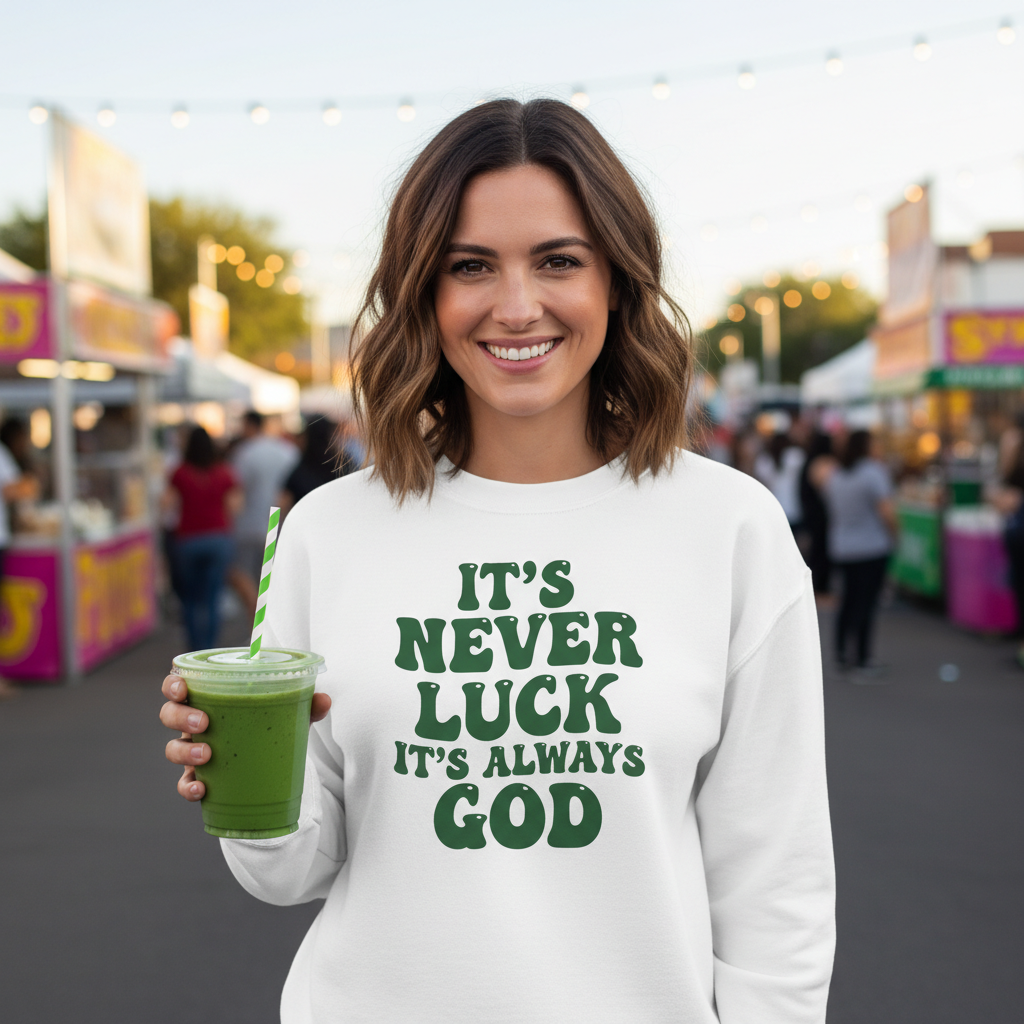 IT'S NEVER LUCK IT'S ALWAYS GOD - MEDIUM-HEAVY WEIGHT SWEATSHIRT