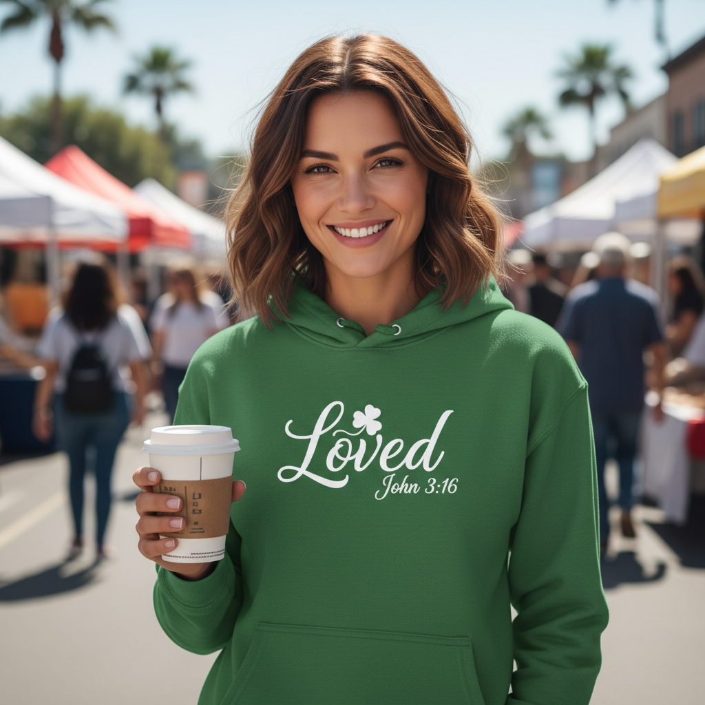 Loved John 3:16 Hoodie – Christian Inspirational St. Patrick’s Clover Sweatshirt