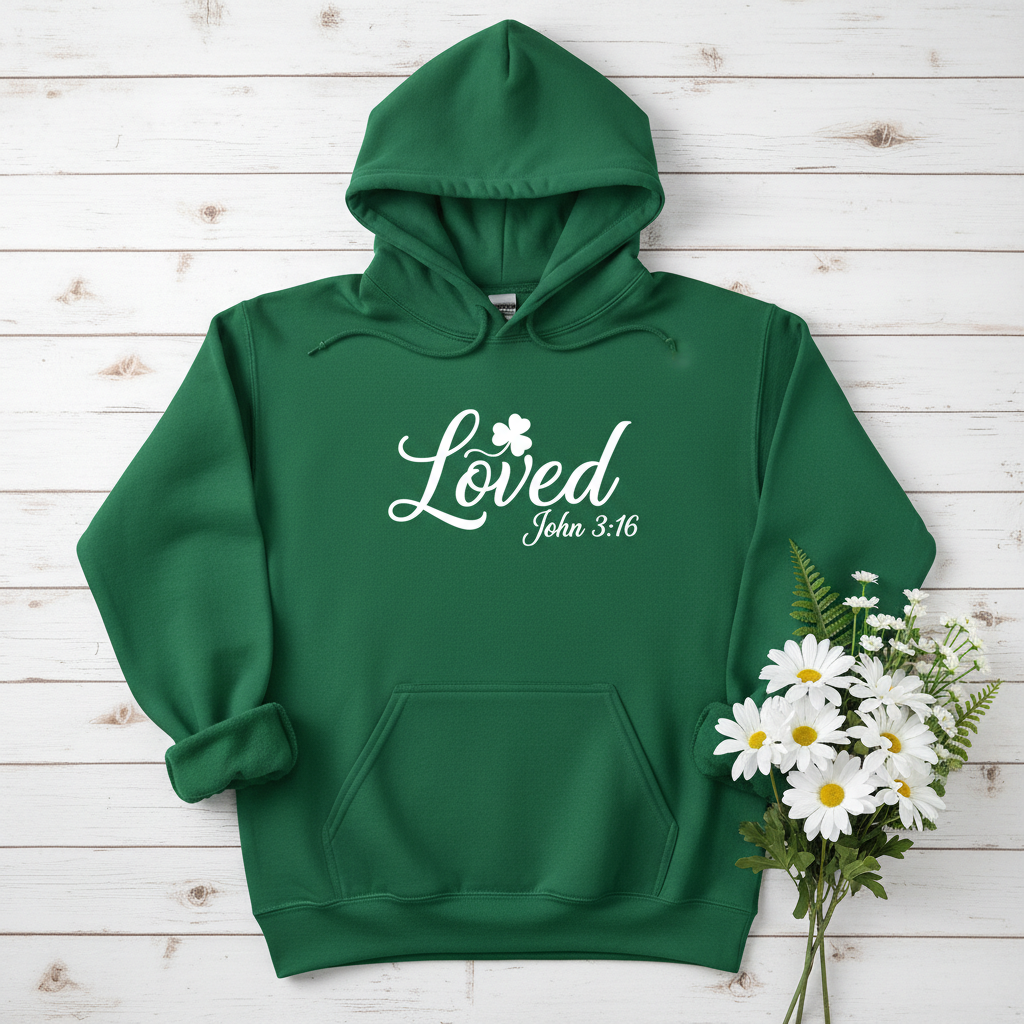 Loved John 3:16 Hoodie – Christian Inspirational St. Patrick’s Clover Sweatshirt