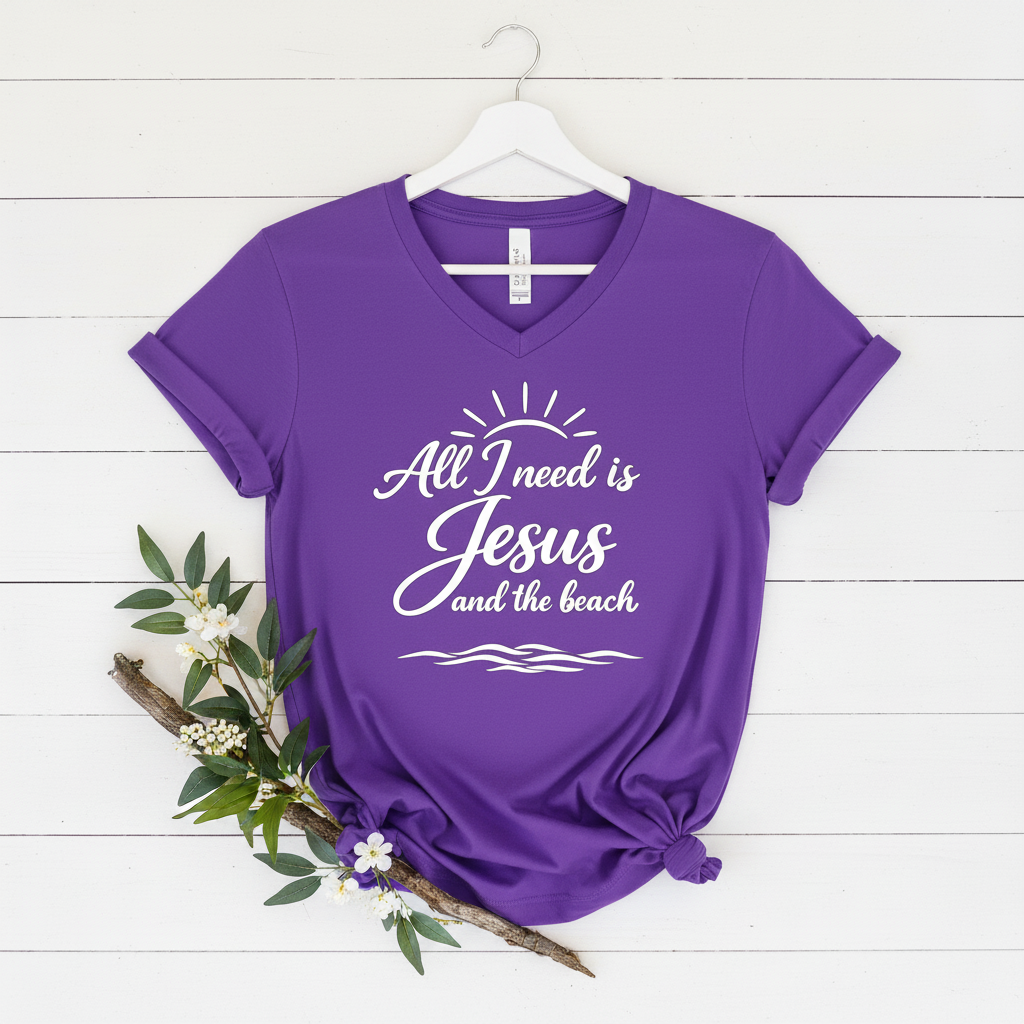 ALL I NEED IS JESUS AND THE BEACH - V-NECK PREMIUM T-SHIRT