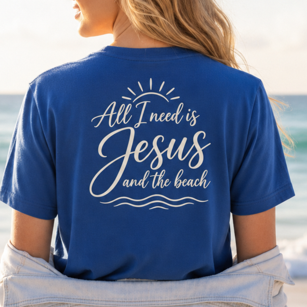 ALL I NEED IS JESUS AND THE BEACH F/B - V-NECK PREMIUM T-SHIRT