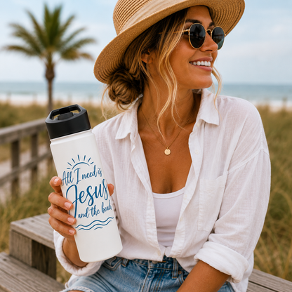 ALL I NEED IS JESUS AND THE BEACH - 18oz WATER BOTTLE