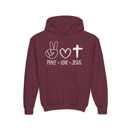 PEACE LOVE JESUS - YOUTH MEDIUM-HEAVY WEIGHT HOODIE